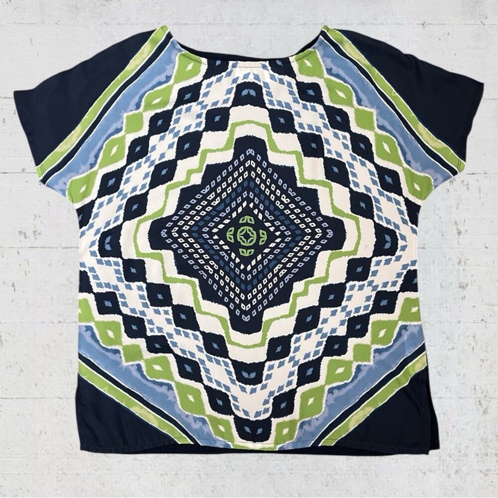 Chico's Zenergy Multi Scarf Print Lightweight Flowy Stretchy Tunic Top Size 2/L
